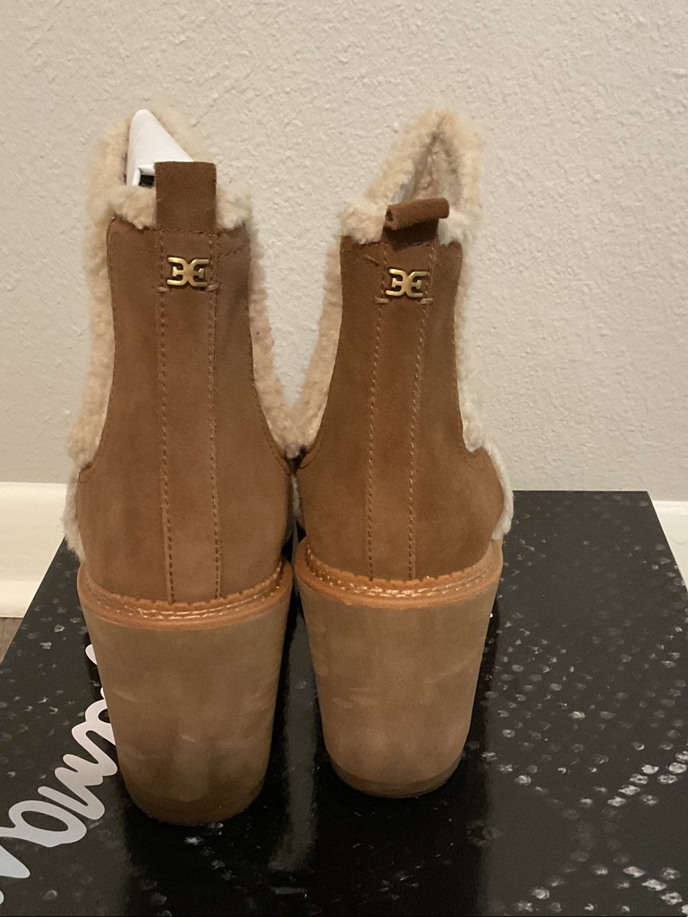 Sam Edelman Tan Suede Wedge Booties with Shearling Trim - Picture 2 of 5